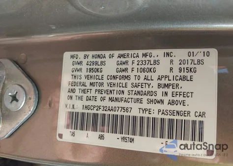 2010 Honda Accord 2.4 Lx from USA, damaged, VIN 1HGCP2F32AA077567